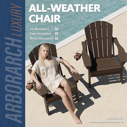 Folding Adirondack Chair Set of 4 with Cup Holder, HDPE All Weather Resistant Plastic Outdoor Patio Chairs, Heavy Duty Fire Pit Seating for Backyard Lawn Garden, Wooden Textured Design(Coffee)