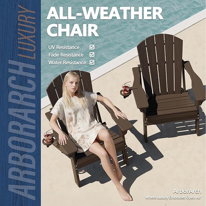 Folding Adirondack Chair with Cup Holder, HDPE All Weather Resistant Plastic Outdoor Patio Chairs, Heavy Duty Fire Pit Seating for Backyard Lawn Garden, Wooden Textured Design(Coffee)