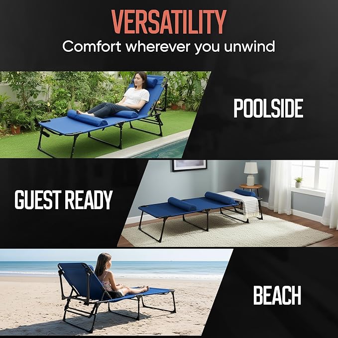 Outdoor Lounge Chair | Extra Large Portable cot incl Leg Raising adjustability | Easy Setup & Takedown | Supports Adults up to 300 lb | Ideal for Camping Patio, Balcony, Beach & More