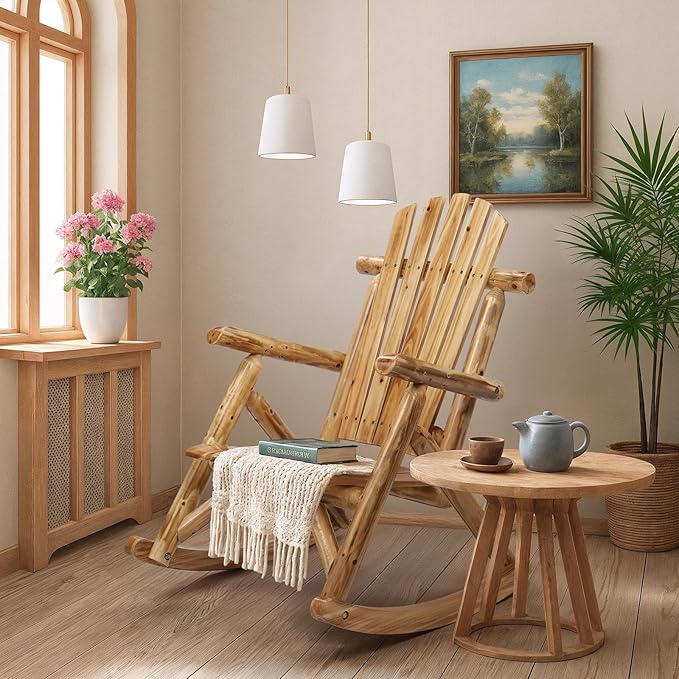 Outvita Wooden Rocking Chair Set of 2, Fir Log Adirondack Rocker, Outdoor Wood Accent Furniture Lounge Chairs for Garden Patio Backyard Porch (Light carbonized)