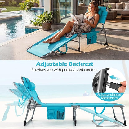 GYMAX Tanning Chair with Face Hole, Sun Bathing Lounge Chairs for Outside with Side Pocket, Folding Portable Face Down Layout Tanning Chair Beach, Backyard, Poolside, Lawn (Turquoise,1)