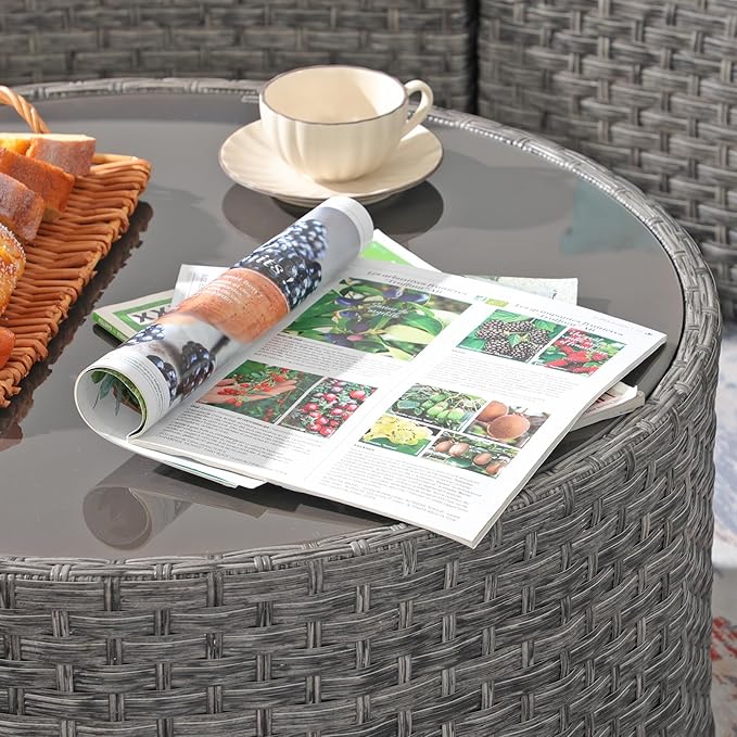 SUNSITT Round Outdoor Coffee Table with Tempered Glass Top, Rattan PE Resin Wicker Patio Side Table, Grey