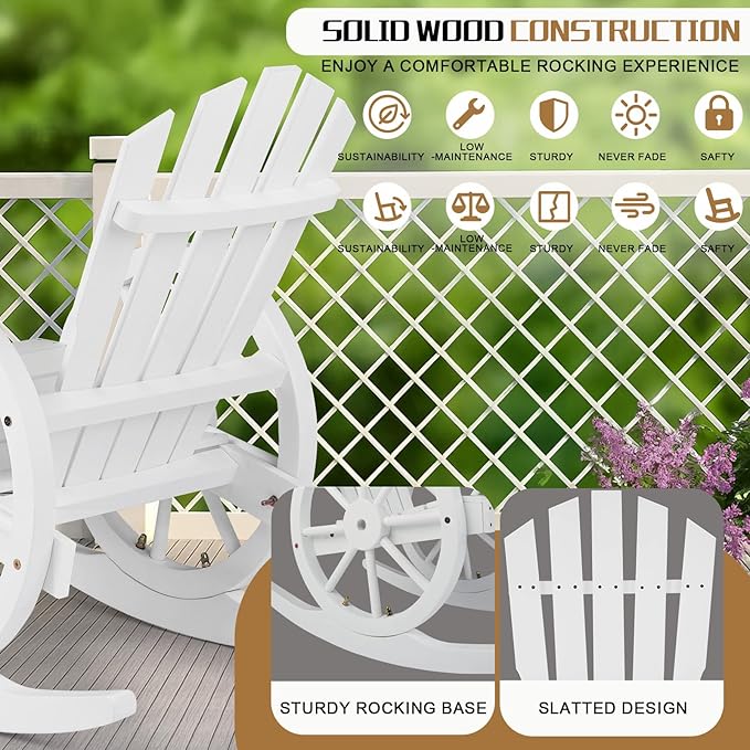 Outvita Adirondack Rocking Chair Set of 2, Wood Wagon Rocker, Outdoor Wooden Carbonized Lounge Chairs with Wheel Armrest for Garden Patio Country Yard(White