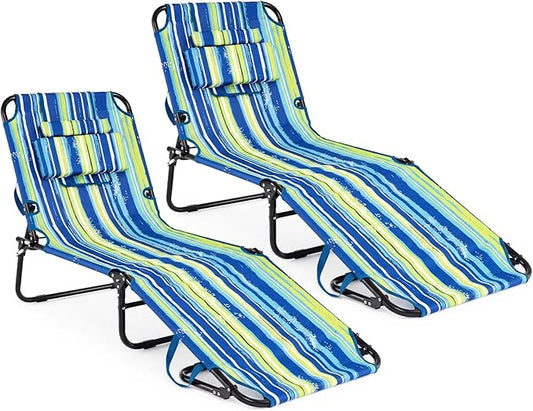 Tangkula Beach Lounge Chair, Folding Sunbathing Recliner with Face Hole, Face Down Tanning Chair with 4-Level Adjustable Backrest & 3 Removable Pillows, Chaise Lounge Chair for Patio (2, Stripe)