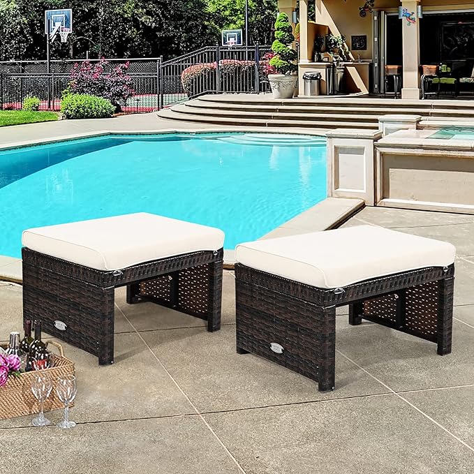 Tangkula 2 Pieces Patio Rattan Ottomans, All Weather Outdoor Footstool Footrest Seat with Soft Cushion, Hidden Zipper - Photo 2