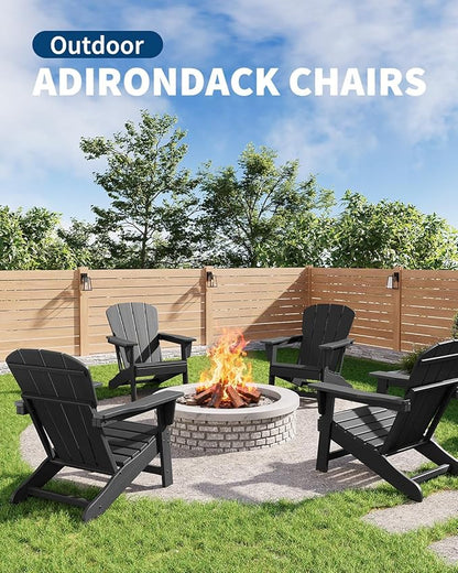 IDEALHOUSE Adirondack Chairs Set of 2, Fixed Non-Folding Design, HDPE Outdoor Chair, 380 LBS Weight Capacity, Wood Grain Texture Patio Lawn Garden Backyard Deck Poolside Furniture, Black