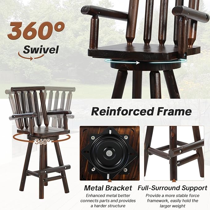 HOMEDIARY 3 Piece Outdoor Swivel Adirondack Bar Set, 41.9" Patio Log Bar Height Table & 2 Bar Stools with High Back - Photo 3