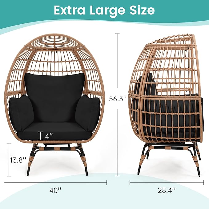 Oversized 360° Swivel Rattan Egg Chair for Adult, Indoor Outdoor Patio Large Wicker Egg Chair with Overstuffed Cushions, 440lb Weight Capacity, Natural Rattan with Black Cushion