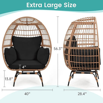 Oversized 360° Swivel Rattan Egg Chair for Adult, Indoor Outdoor Patio Large Wicker Egg Chair with Overstuffed Cushions, 440lb Weight Capacity, Natural Rattan with Black Cushion