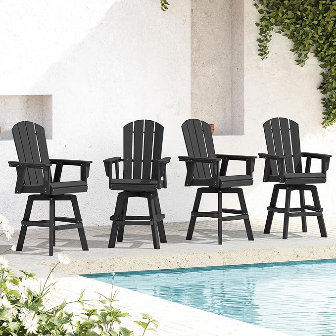 SERWALL Swivel Adirondack Bar Chairs Set of 4, HDPE Outdoor Swivel Barstools Chairs Set of 4 for Bistro, Poolside, Garden, Black