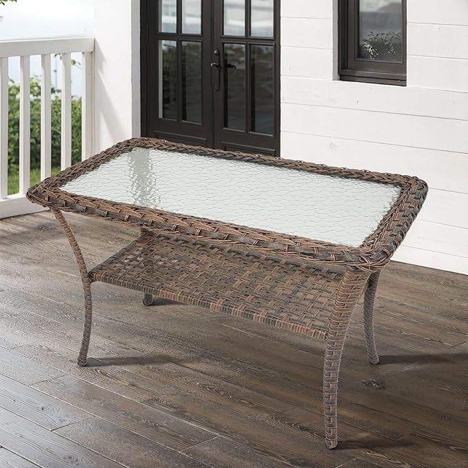 Belord 38 Inch Outdoor Coffee Table with 2 Tier Storage - Wicker Coffee Table with Water Ripple Texture Tempered Glass - Photo 2