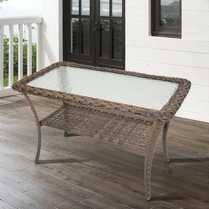 Belord 38 Inch Outdoor Coffee Table with 2 Tier Storage - Wicker Coffee Table with Water Ripple Texture Tempered Glass Top, All Weather Patio Coffee Table for Deck Porch Balcony Garden Brown
