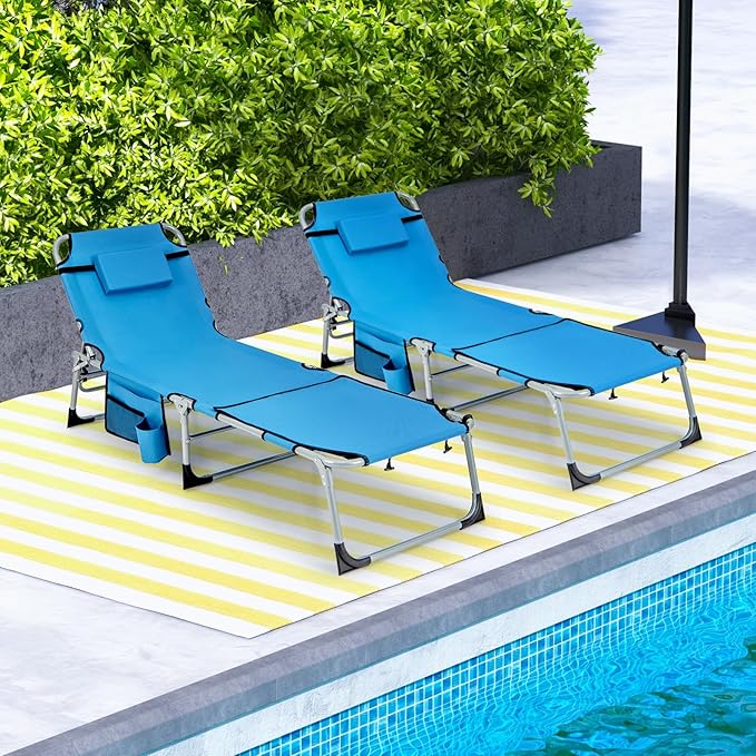 Tangkula Beach Lounge Chair, Outdoor Folding Tanning Chair with Face/Arm Hole, 2 Carry Handle, Pillow - Photo 2