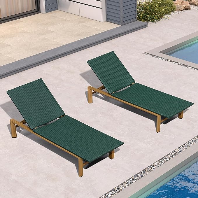 PURPLE LEAF Oversize Outdoor Rattan Lounge Chair 2 Piece, Aluminum Patio Chaise Lounge with Adjustment Backrest, Waterproof Lounger Sunbath Tanning Recliner for Poolside, Garden, Green