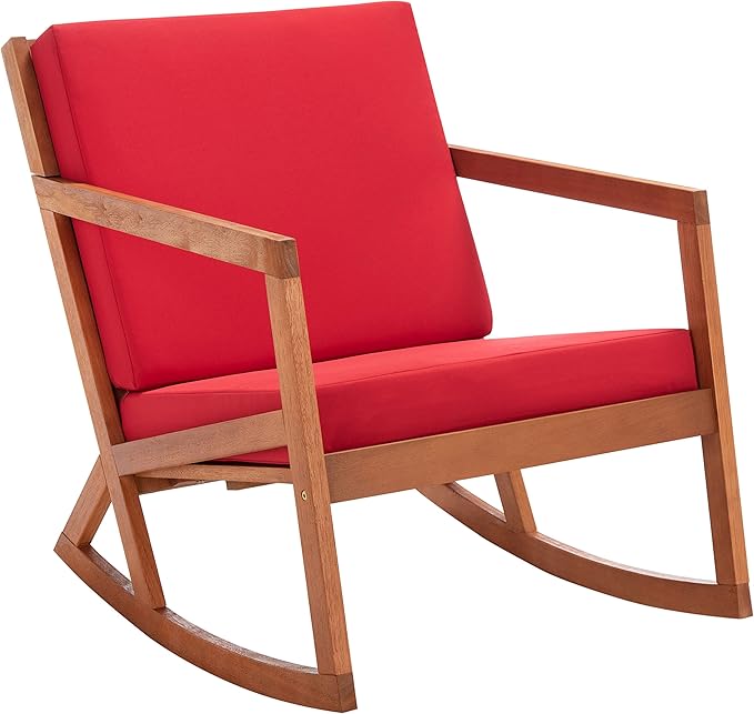 Safavieh Outdoor Collection Vernon Wood Cushion Rocking Chair PAT7013R, Natural/Red