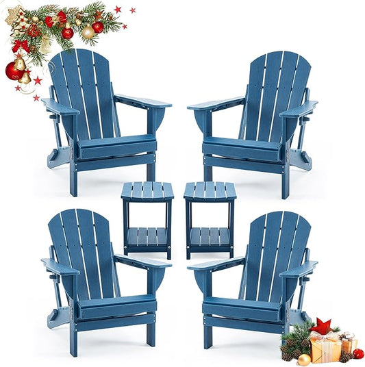 Folding Outdoor Adirondack Chairs Set of 4 with HDPE Side Tables-Plastic Weather Resistant Patio Chairs with Small Outdoor Side Tables 2 Storage for Patio,Fire Pit, Garden and Backyard