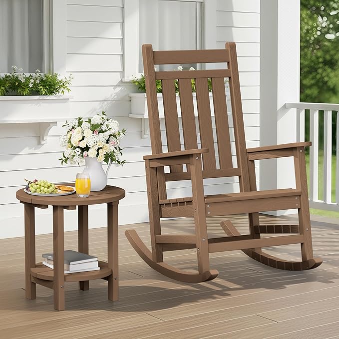 SERWALL Round Adirondack Side Table, 16.5" Double Outdoor Side Table, HDPE Small End Tables for Backyard Pool Porch Garden Lawn, Brown