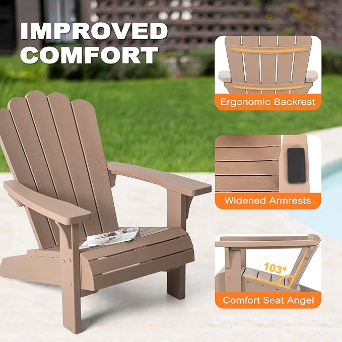 NUU GARDEN Folding Adirondack Chair, Plastic Fire Pit Chairs, Patio Chair Weather Resistant, Outdoor Chairs, Lawn Chair with Widened Armrests, for Deck, Outdoor, Backyard, Garden, Champagne