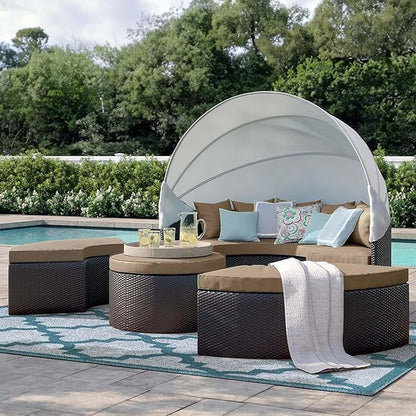 Modway Convene Wicker Rattan Outdoor Patio Retractable Canopy Round Poolside Sectional Sofa Daybed with Cushions in Espresso Mocha