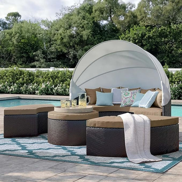 Modway Convene Wicker Rattan Outdoor Patio Retractable Canopy Round Poolside Sectional Sofa Daybed with Cushions in - Photo 1