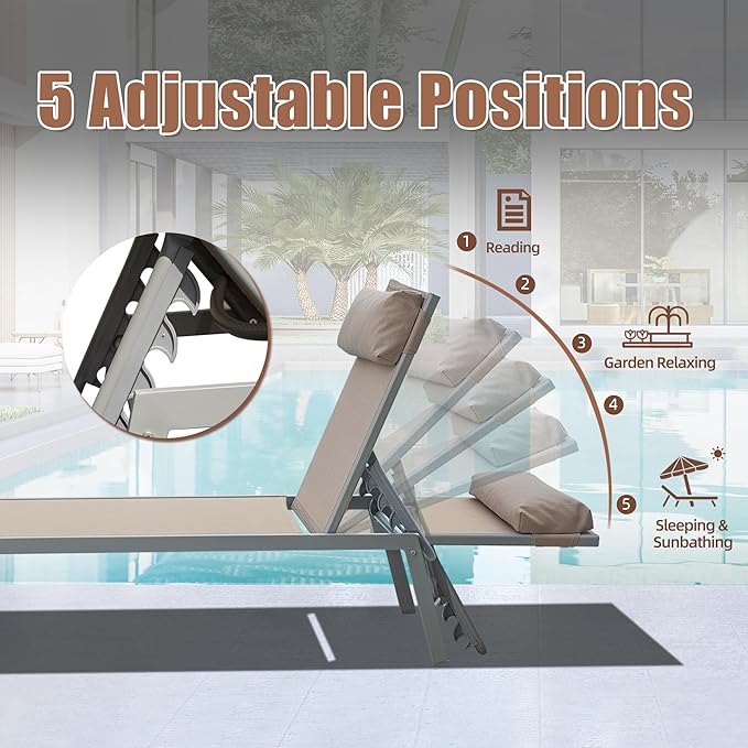 Domi Patio Chaise Lounge Set of 3, Aluminum Pool Lounge Chairs with Side Table - Photo 4