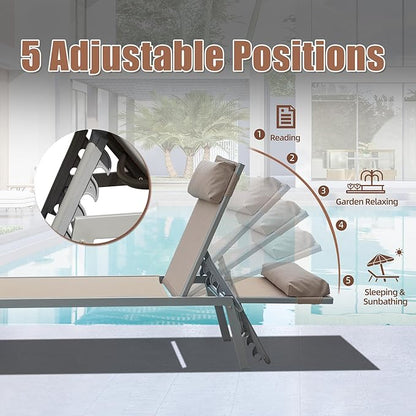 Domi Patio Chaise Lounge Set of 3, Aluminum Pool Lounge Chairs with Side Table, Outdoor Adjustable Recliner All Weather for Poolside, Beach, Yard, Balcony (Khaki)