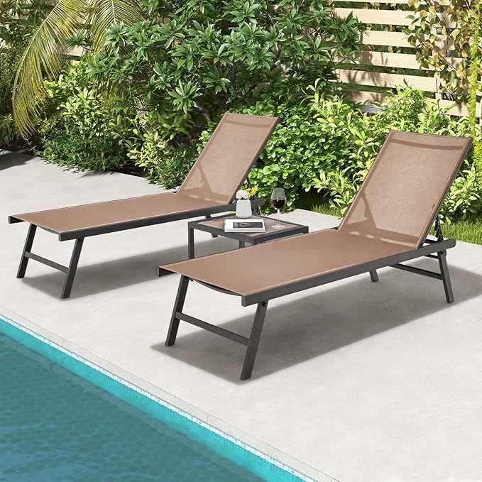 Tangkula 3 Piece Patio Chaise Lounge Set, Aluminum Patio Recliner with Coffee Table, 6-Level Backrest Adjustment, Outdoor Lounge Chair & Side Table Set for Poolside, Backyard (Brown)