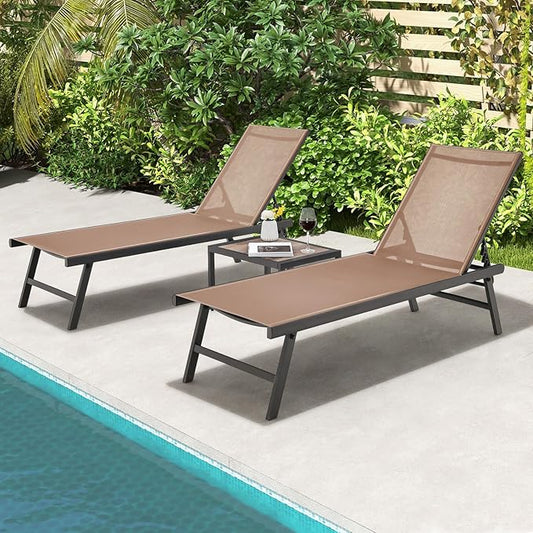 Tangkula 3 Piece Patio Chaise Lounge Set, Aluminum Patio Recliner with Coffee Table, 6-Level Backrest Adjustment, Outdoor Lounge Chair & Side Table Set for Poolside, Backyard (Brown)