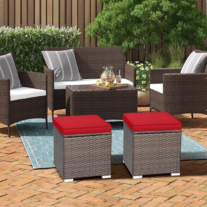 RELAX4LIFE Wicker Outdoor Storage Ottoman, 2-Piece Rattan Footstool w/Removable Cushion - Photo 8
