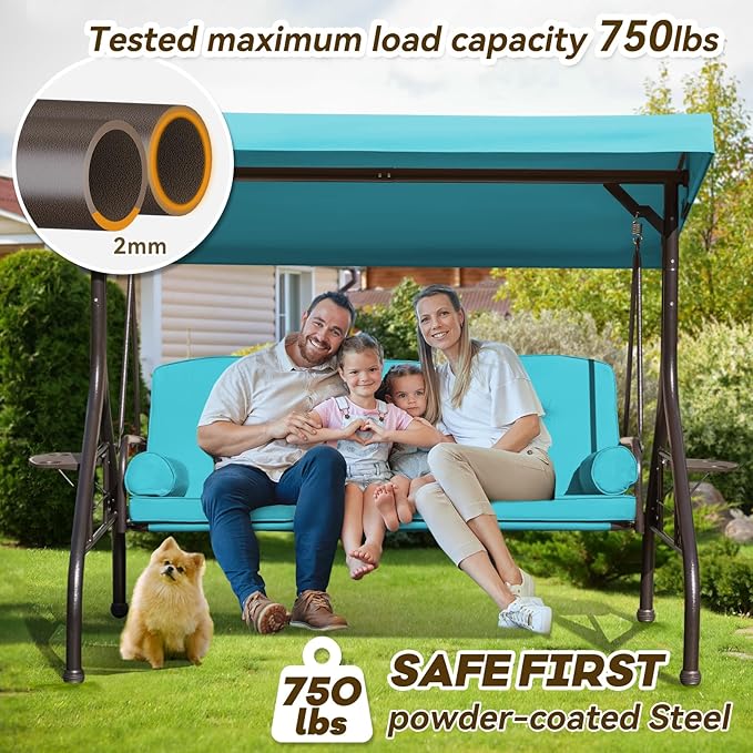 3 in 1 Patio Swing with Adjustable Canopy for Adults, 3 Seat Outdoor Swing with Thickened Cushions - Photo 3