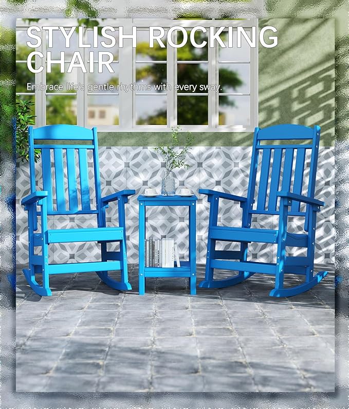 FOOWIN Outdoor Rocking Chair Set of 8, High Back Patio Rocking Chair, HDPE All Weather Resistant Porch Rocker for Adult, Oversized Rocking Chairs for Garden, Lawn, Indoor & Outdoor Use, Pacific Blue