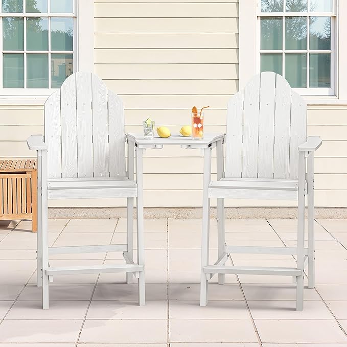 LUE BONA Tall Adirondack Chair Set of 2, All Weather HDPS Bar Height Adirondack Chair with Detachable Table & Umbrella Hole, Adirondack Barstools for Patio, Deck, Backyard & Commercial Use White