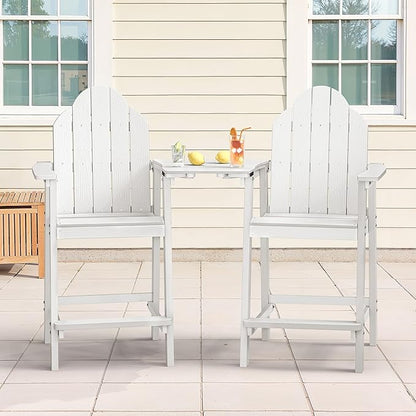 LUE BONA Tall Adirondack Chair Set of 2, All Weather HDPS Bar Height Adirondack Chair with Detachable Table & Umbrella Hole, Adirondack Barstools for Patio, Deck, Backyard & Commercial Use White