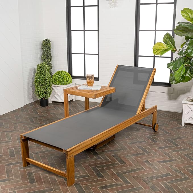 JONATHAN Y LNG1100A-2SET Trabuco Coastal Modern Acacia Wood Mesh 3-Position Outdoor Chaise Lounge Set with Side Table Transitional, Classic, Minimalist, Traditional, Contemporary, Dark Gray/Teak Brown