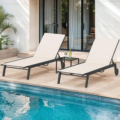 DWVO Outdoor Chaise Lounge Set, 2 Patio Chaise Lounge Chairs with Side Table, Padded Textile Pool Loungers with 5-Level Backrest and Wheels for Beach, Lawn, Porch, Garden (Beige)
