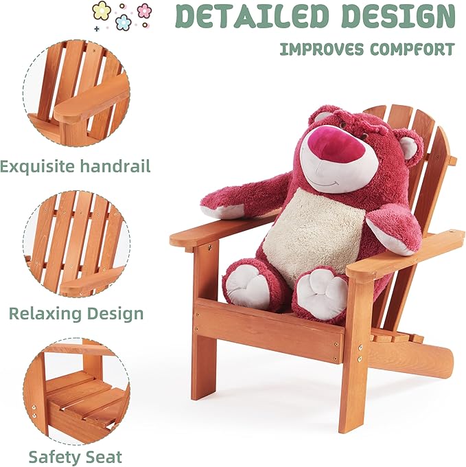 Wooden Kid's Adirondack Chair for Indoor and Outdoor, Natural Cedar Patio Lounge Chiar for Kids