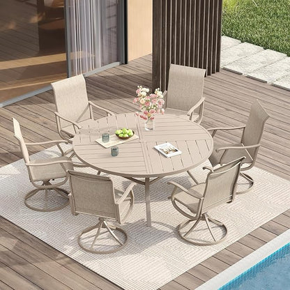 VICLLAX 53" Round Patio Table with Umbrella Hole, All Weather Metal Outdoor Dining Table for 6-8, Outside Table for Lawn Garden, Sandshell Color