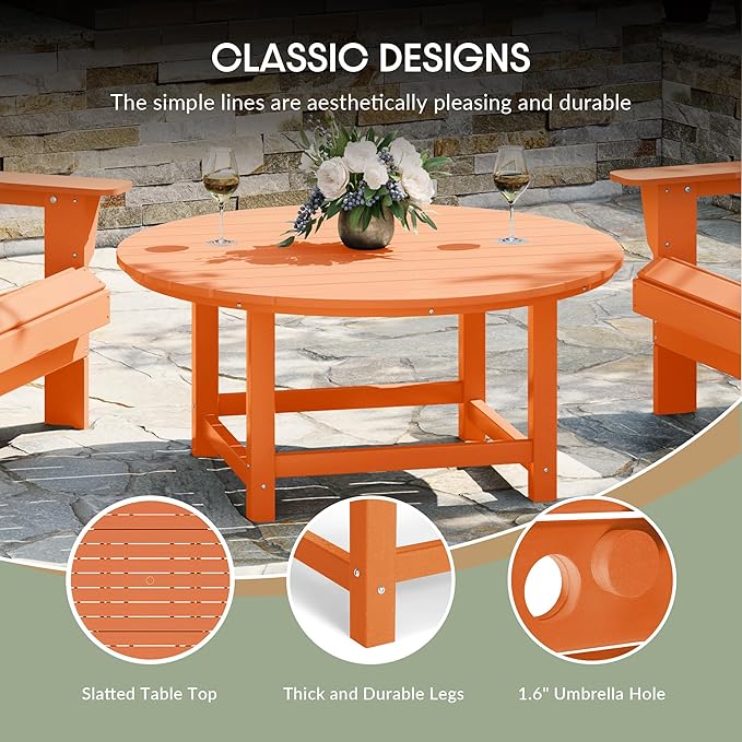 WestinTrends Dylan 5-Piece Outdoor Patio HDPE Adirondack Chair with Round Coffee Table Conversation Set, Orange