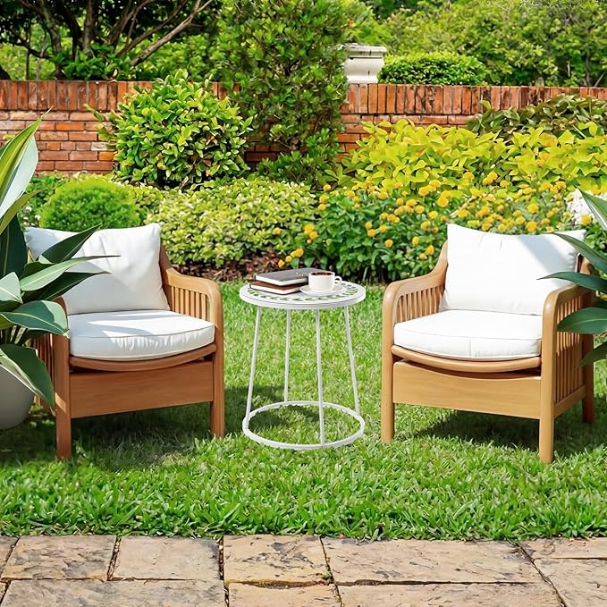 Outdoor Side Table with Flower Cut Outs 14" Weather Resistant Metal Patio Side Tables Small Plant Stand Round Outdoor End Table for Patio Outside Porch Balconies Garden(White,Simple)