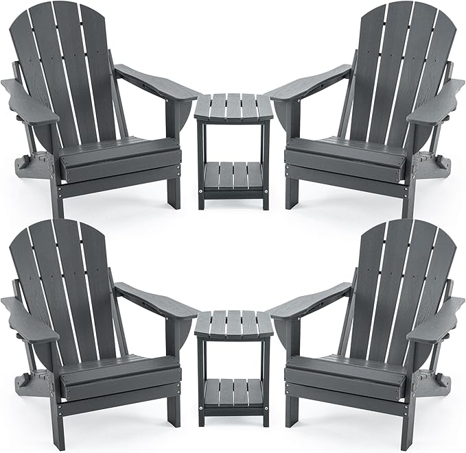 4 Chairs & 2 Tables Folding Adirondack Chair Set with Side Table – HDPE Weatherproof Outdoor Patio Chairs with - Photo 1