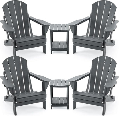 4 Chairs & 2 Tables Folding Adirondack Chair Set with Side Table – HDPE Weatherproof Outdoor Patio Chairs with Reclining Back and Cup Holders, 2-Tier Storage End Tables for Firepit Garden(Gray)