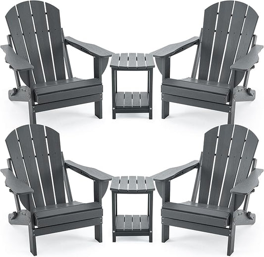 4 Chairs & 2 Tables Folding Adirondack Chair Set with Side Table – HDPE Weatherproof Outdoor Patio Chairs with Reclining Back and Cup Holders, 2-Tier Storage End Tables for Firepit Garden(Gray)