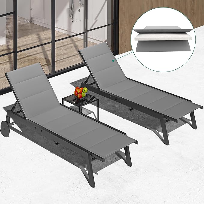 YITAHOME Outdoor Chaise Lounge Chairs Set of 3, Pool Loungers with Side Table, 5-Position Adjustable Backrest - Photo 1