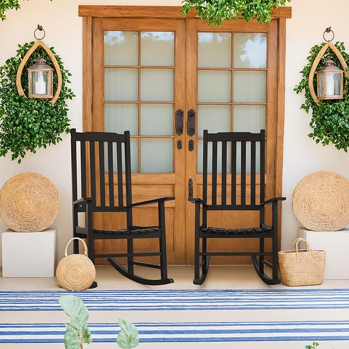 Greesum Outdoor Rocking Chairs Set of 2, Acacia High Back Oversized All-Weather Lounge Rocker with 320 lbs of Support for Patio, Garden, Deck, Porch,Black