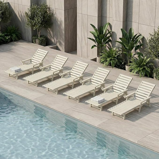 Adjustable Lounge Chair Outdoor Set of 6, HDPE Outdoor Chaise Lounge with Cup Holder & Wheels, Pool Lounge Chairs for Poolside, Backyard Pool, Patio, Beach, Deck, (White)