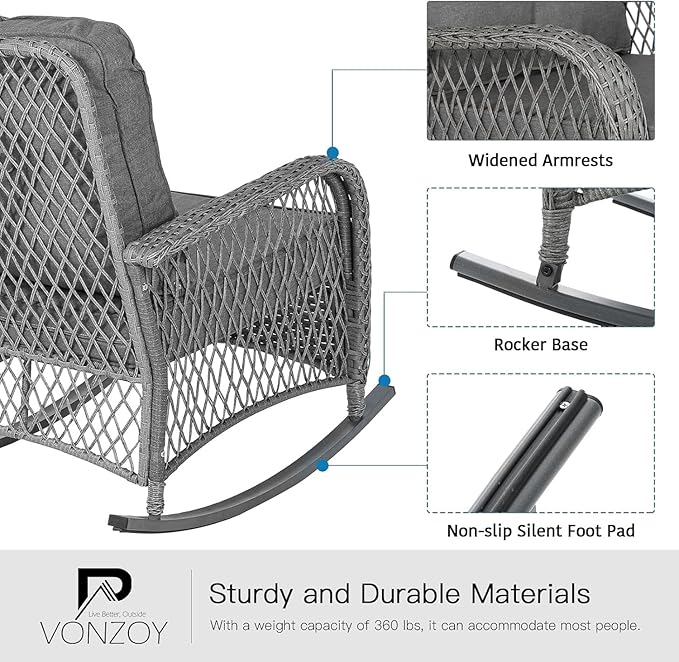 Patio Furniture Set 3 Pieces, Wicker Outdoor Rocking Bistro Set with Thick Cushions, Outdoor Rocker Chairs and Coffee Table for Porch, Backyard or Garden (Grey)