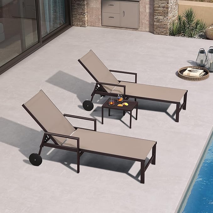 PURPLE LEAF Outdoor Chaise Lounge Chair Set of 2 with Armrests, Aluminum Patio Loungers with Wheels and Adjustable Backrest, Includes Side Table for Deck, Outside, Lawn, Garden, Taupe