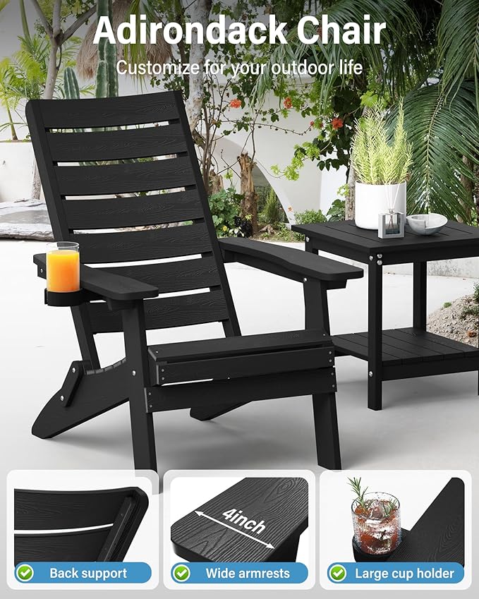 YEFU Adirondack Chair, Folding Adirondack Chairs with Arc Back & Cup Holder, Weather Resistant Plastic Oversized Chair for Outdoor Patio Lawn Garden Backyard Deck Fire Pit, Black
