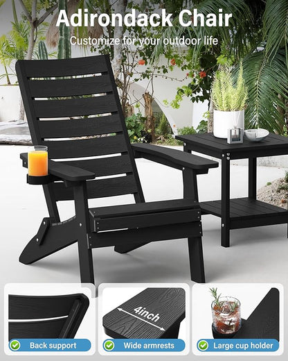 YEFU Adirondack Chair, Folding Adirondack Chairs with Arc Back & Cup Holder, Weather Resistant Plastic Oversized Chair for Outdoor Patio Lawn Garden Backyard Deck Fire Pit, Black