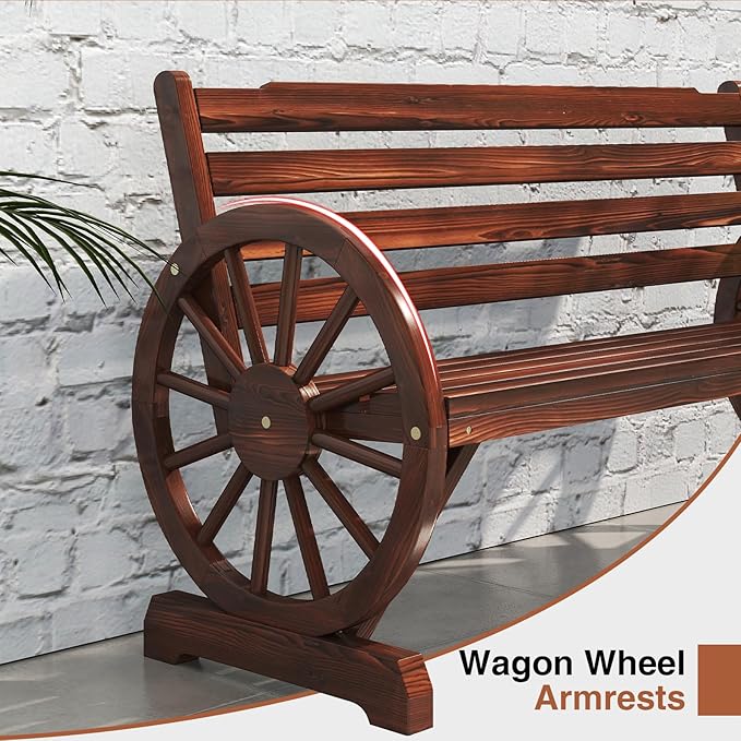 kinbor 55" Wooden Rustic Wagon Wheel Bench, Outdoor Bench Seat, Patio 2-Person Bench with Backrest